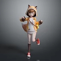 Game And Movie Character With Fox Ears Tail In Yellow White Hoodie Red White Sneakers Black Stockings