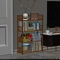 Multi tiered Wooden Storage Shelf with Books Bag Mugs and Potted Plant in Living Room