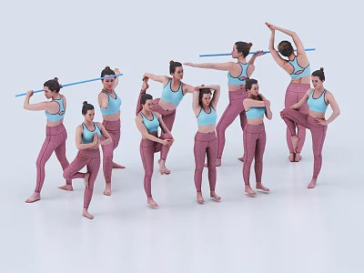 Women doing various exercise poses in blue tops and pink leggings with blue poles 3d model