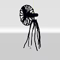 Abstract Black Metal Sculpture with Wheel Shaped Top and Tentacle Like Legs