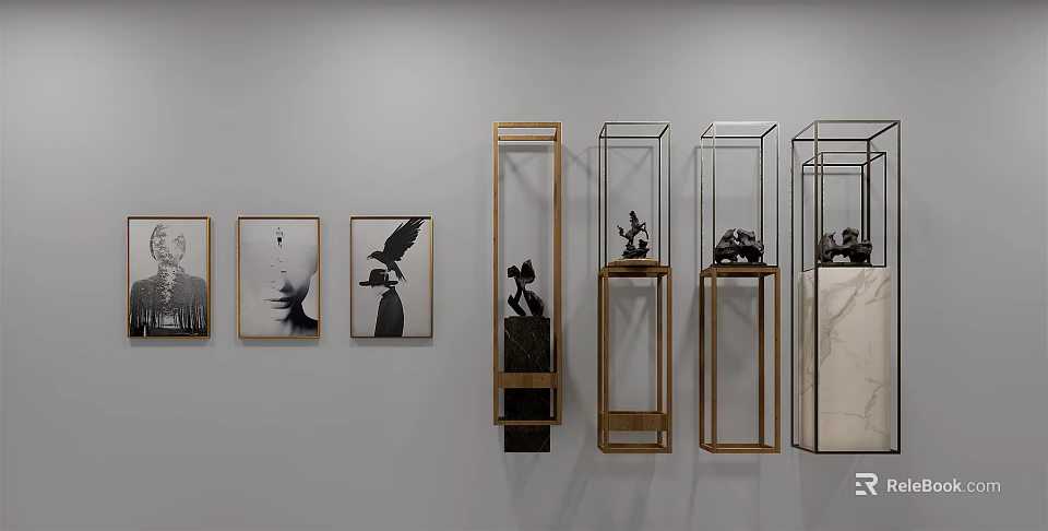Art Wall Display with Framed Paintings and Glass Cases Holding Sculptures 3d model 