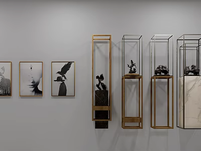 Art Wall Display with Framed Paintings and Glass Cases Holding Sculptures 3d model