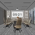 Modern Conference Room With Long Table Multiple Chairs Large Screen And City View Windows 3d model
