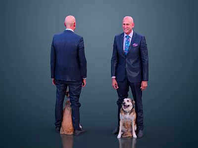 Man In Formal Suit Standing With Dogs In Front And Back Views 3d model