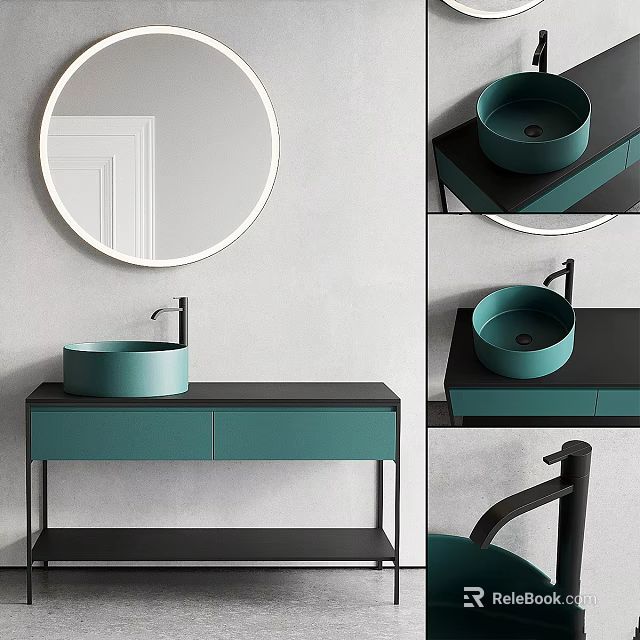 Modern Bathroom Washbasin Vanity With Round Mirror Green Basin And Black Countertop 3d model 