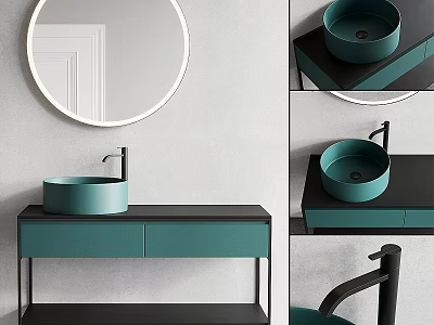 Modern Bathroom Washbasin Vanity With Round Mirror Green Basin And Black Countertop 3d model
