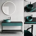 Modern Bathroom Washbasin Vanity With Round Mirror Green Basin And Black Countertop
