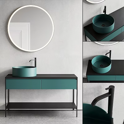 Modern Bathroom Washbasin Vanity With Round Mirror Green Basin And Black Countertop 3d model