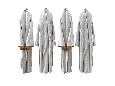 Four Soft Gray Striped Bath Towels Hanging On White Background 3d model