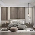 Modern Bedroom Interior Featuring Wooden Panel Headboard Pendant Lights And Soft Bedding 3d model