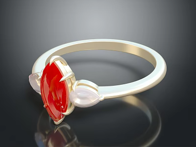 Elegant Gold Ring Featuring Red Central Gemstone And White Accent Stones 3d model