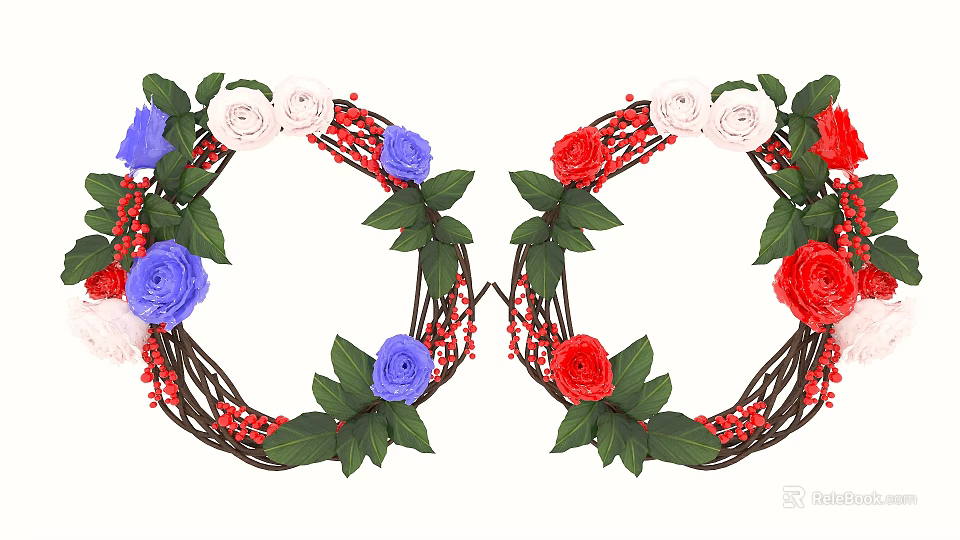 Vine Woven Wreath Wall Decor With Red Blue White Roses Green Leaves And Red Berries 3d model 
