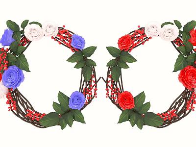 Vine Woven Wreath Wall Decor With Red Blue White Roses Green Leaves And Red Berries 3d model