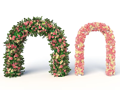 Beautiful Garden Floral Arches With Pink Yellow Flowers And Green Leaves 3d model