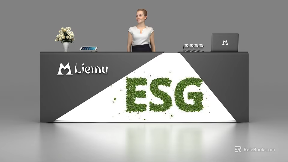 Modern Reception Desk With Liemu Logo Green ESG Lettering White Flower Vase And Laptop 3d model 
