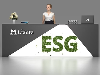 Modern Reception Desk With Liemu Logo Green ESG Lettering White Flower Vase And Laptop 3d model