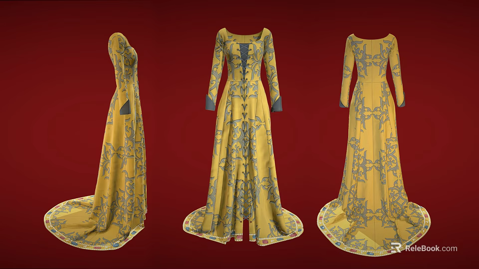 Yellow Long Dresses with Blue Patterns Long Sleeves Floor Length Design in Three Views 3d model 