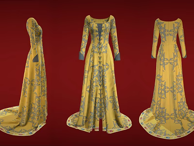 Yellow Long Dresses with Blue Patterns Long Sleeves Floor Length Design in Three Views 3d model