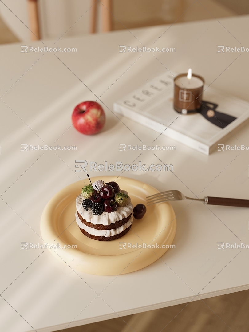 Cream Cake Fork Apple Book Candle 3d model