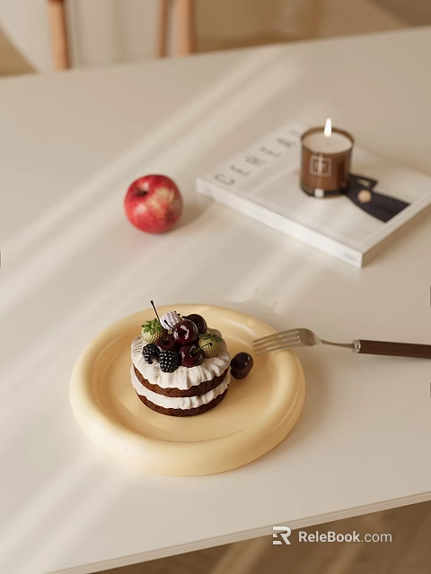 Stylish Decorative Ornament Set With Cake Fruits Plate Fork Apple Candle And Book 3d model 