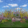 Vibrant Floral Installation With Multicolored Flowers Green Grass Stones Tall Grasses Under Blue Sky