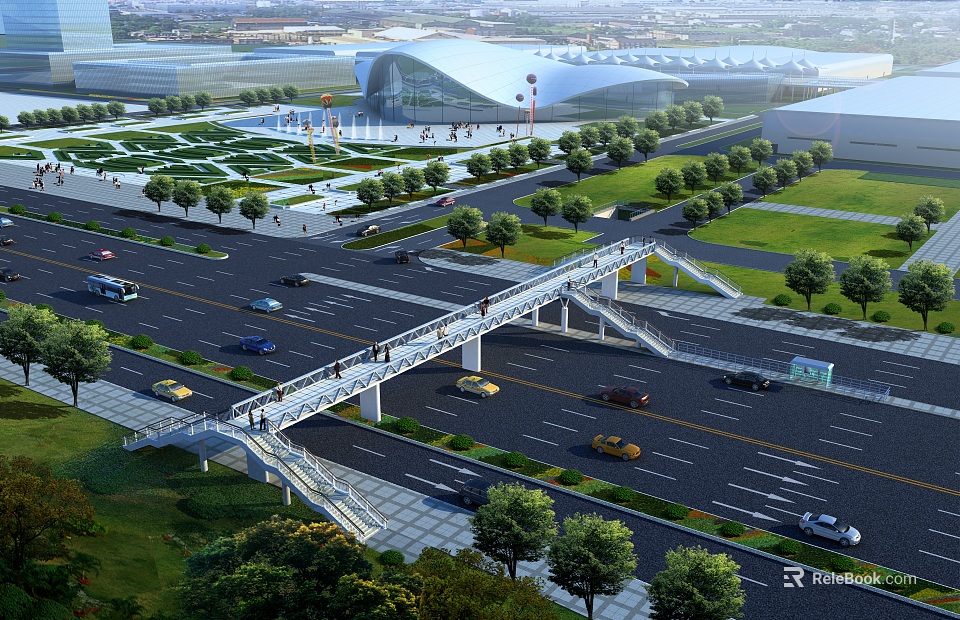 Modern Urban Bridge For Pedestrians Over Road With Vehicles Green Belts And Modern Buildings 3d model 
