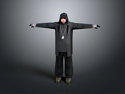 Man In Hooded Coat With Outstretched Arms Necklace Dark Pants Boots On Gray Background 3d model