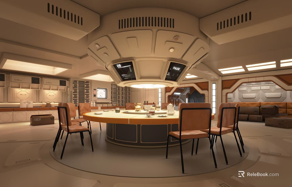 Futuristic Interior Design With Round Dining Table Chairs And Overhead Screens 3d model