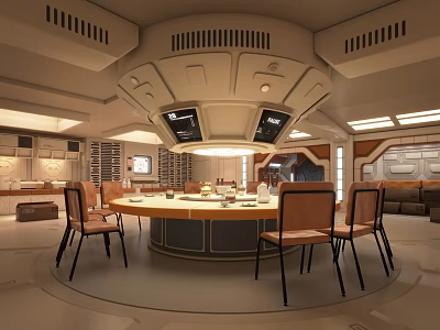 Futuristic Interior Design With Round Dining Table Chairs And Overhead Screens 3d model