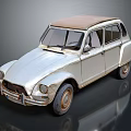 Silver Vintage Car With Brown Roof On Reflective Ground In Retro Style