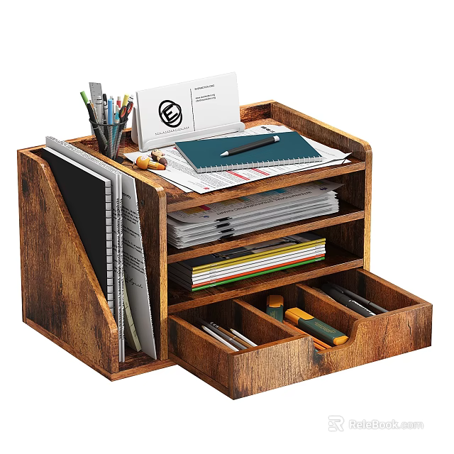 Wooden File Organizer With Multiple Shelves For Documents Notebooks And Stationery 3d model 