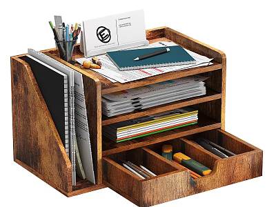 Wooden File Organizer With Multiple Shelves For Documents Notebooks And Stationery 3d model