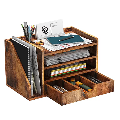 Wooden File Organizer With Multiple Shelves For Documents Notebooks And Stationery 3d model