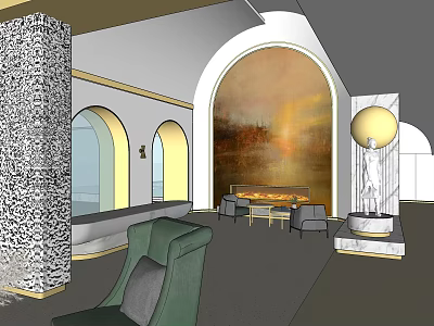 Elegant Hotel Lobby Interior Design With Arched Doorways Large Painting Sofa Sculpture And Columns 3d model