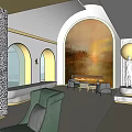 Elegant Hotel Lobby Interior Design With Arched Doorways Large Painting Sofa Sculpture And Columns