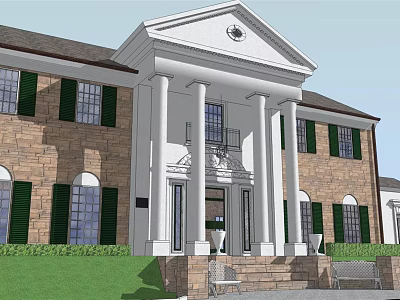 Classical Style Single Family Home With White Columns Brick Exterior Green Shutters And Front Steps 3d model