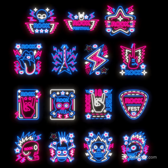 Neon Decorative Lights with Rock Themed Patterns Including Lightning Hand Signs And Wings 3d model 