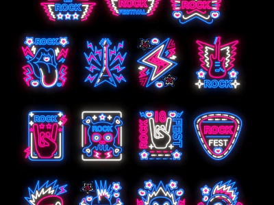 Neon Decorative Lights with Rock Themed Patterns Including Lightning Hand Signs And Wings 3d model