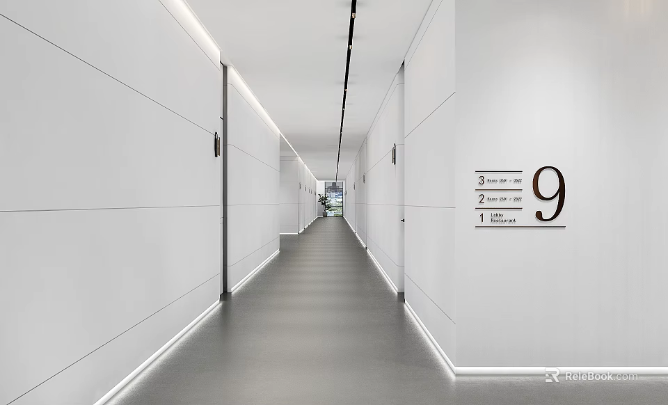 Modern Minimalist Elevator Corridor With White Walls Gray Flooring And Floor Sign 3d model 