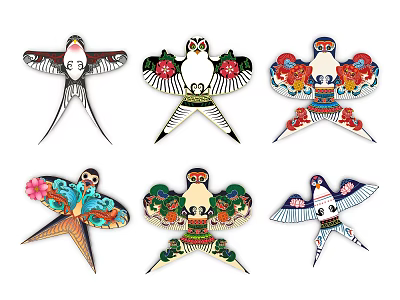 Ornate Colorful Kites With Various Bird Shaped Designs And Decorative Patterns 3d model