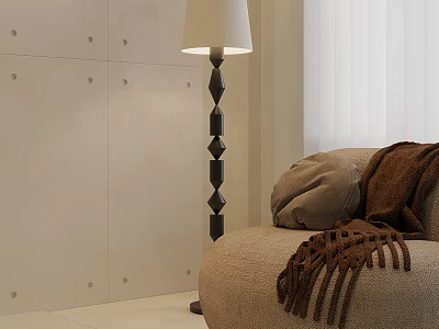 Beige Sofa With Gray Cushion Brown Blanket Near Black Floor Lamp Light Wall Living Room 3d model