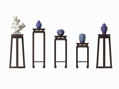 Decorative Ceramic Vessels with Blue Patterns on Dark Wooden Stands of Varying Heights 3d model