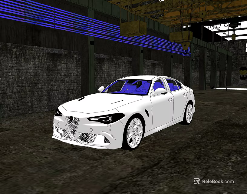 White Sedan With Sleek Body In Industrial Warehouse Setting With Blue Lighting 3d model 
