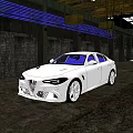 White Sedan With Sleek Body In Industrial Warehouse Setting With Blue Lighting