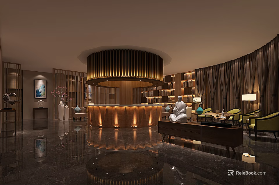 Luxury SPA Sauna Reception Area With Wooden Decor Round Front Desk And Comfortable Seating 3d model 