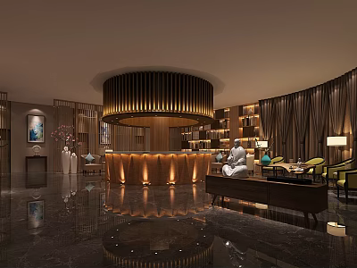 Luxury SPA Sauna Reception Area With Wooden Decor Round Front Desk And Comfortable Seating 3d model