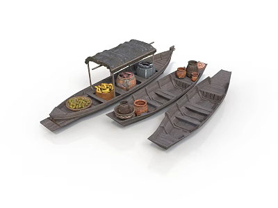 Three Traditional Wooden Boats Featuring Canopy Containers Baskets And Earthen Jars 3d model