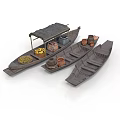 Three Traditional Wooden Boats Featuring Canopy Containers Baskets And Earthen Jars