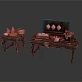 Wooden Furniture Including Small Table Large Desk With Blue Ornaments Open Box And Green Plants