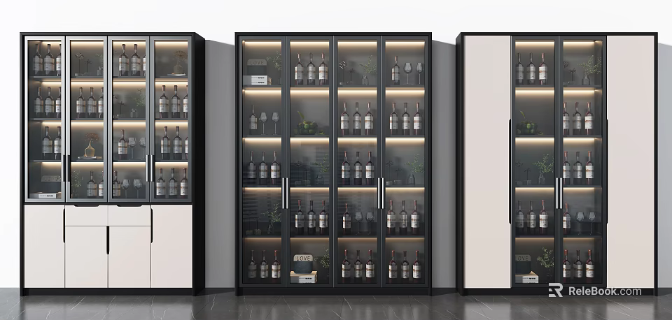 Modern Wine Cabinet With Glass Doors Built-in Lighting And Wine Bottle 3d model 